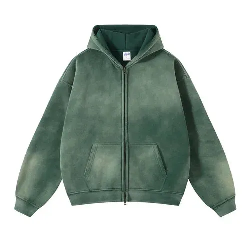 Aidase Men's Oversize Long Sleeve Washed Double Zipper Cardigan Hoodies Loose Plus Plush Gradient Women's Hooded Pullovers Winter