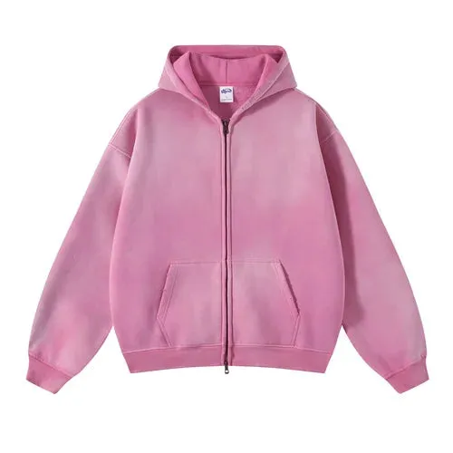 Aidase Men's Oversize Long Sleeve Washed Double Zipper Cardigan Hoodies Loose Plus Plush Gradient Women's Hooded Pullovers Winter