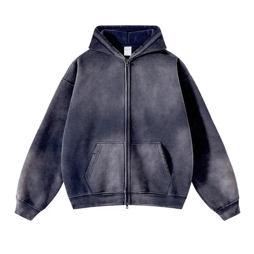 Aidase Men's Oversize Long Sleeve Washed Double Zipper Cardigan Hoodies Loose Plus Plush Gradient Women's Hooded Pullovers Winter