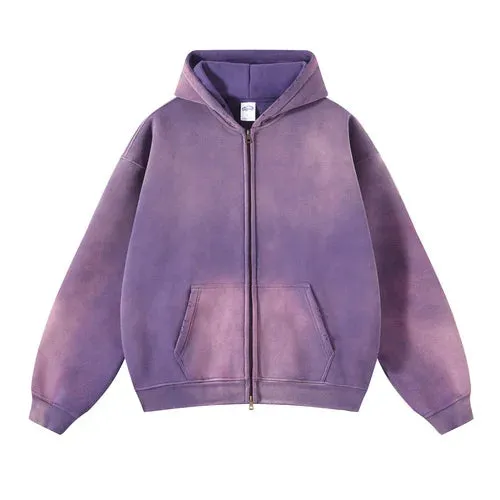 Aidase Men's Oversize Long Sleeve Washed Double Zipper Cardigan Hoodies Loose Plus Plush Gradient Women's Hooded Pullovers Winter