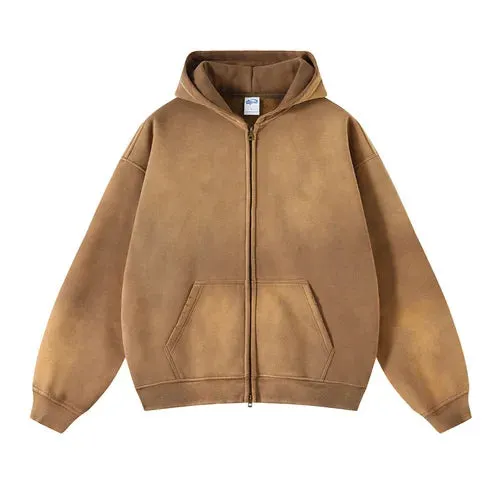 Aidase Men's Oversize Long Sleeve Washed Double Zipper Cardigan Hoodies Loose Plus Plush Gradient Women's Hooded Pullovers Winter
