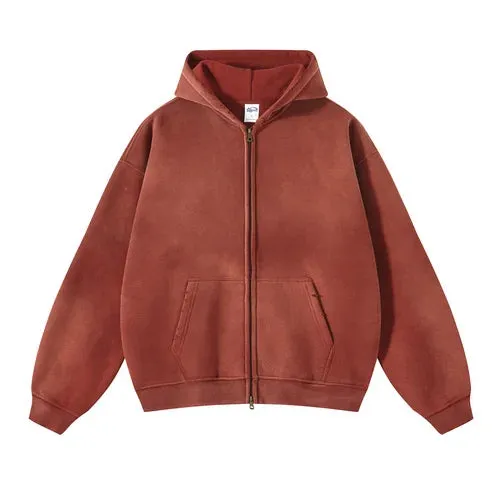 Aidase Men's Oversize Long Sleeve Washed Double Zipper Cardigan Hoodies Loose Plus Plush Gradient Women's Hooded Pullovers Winter