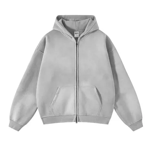 Aidase Men's Oversize Long Sleeve Washed Double Zipper Cardigan Hoodies Loose Plus Plush Gradient Women's Hooded Pullovers Winter
