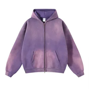 Aidase Men's Oversize Long Sleeve Washed Double Zipper Cardigan Hoodies Loose Plus Plush Gradient Women's Hooded Pullovers Winter