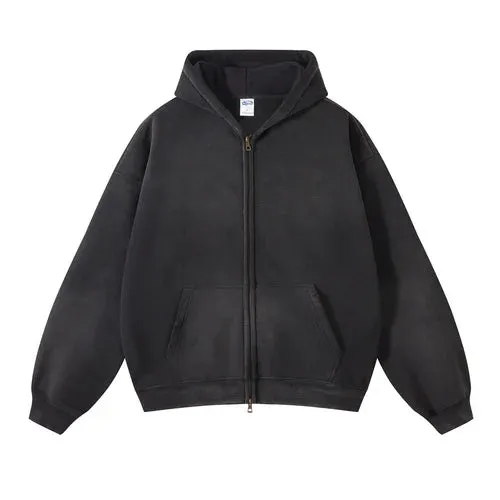 Aidase Men's Oversize Long Sleeve Washed Double Zipper Cardigan Hoodies Loose Plus Plush Gradient Women's Hooded Pullovers Winter