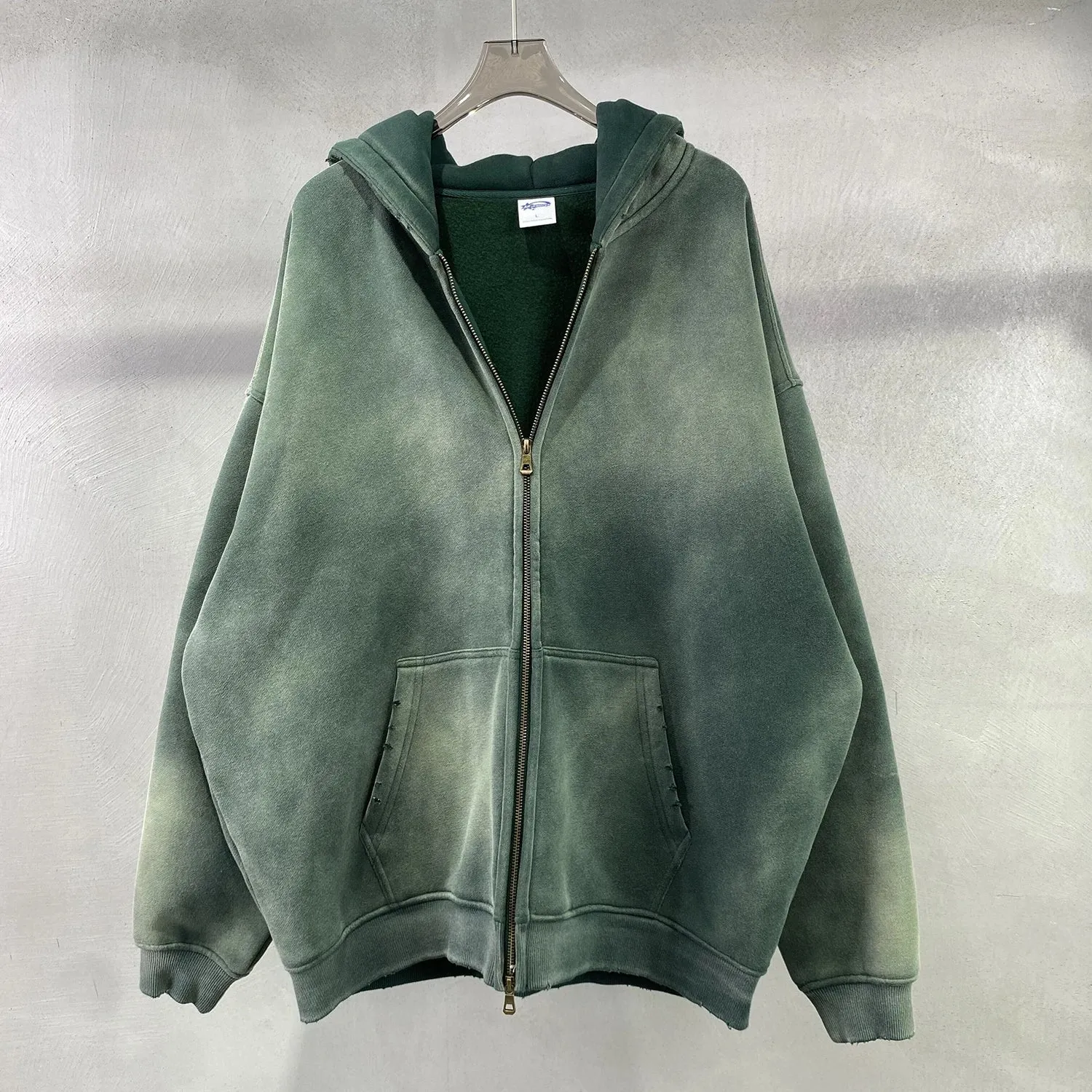 Aidase Men's Oversize Long Sleeve Washed Double Zipper Cardigan Hoodies Loose Plus Plush Gradient Women's Hooded Pullovers Winter