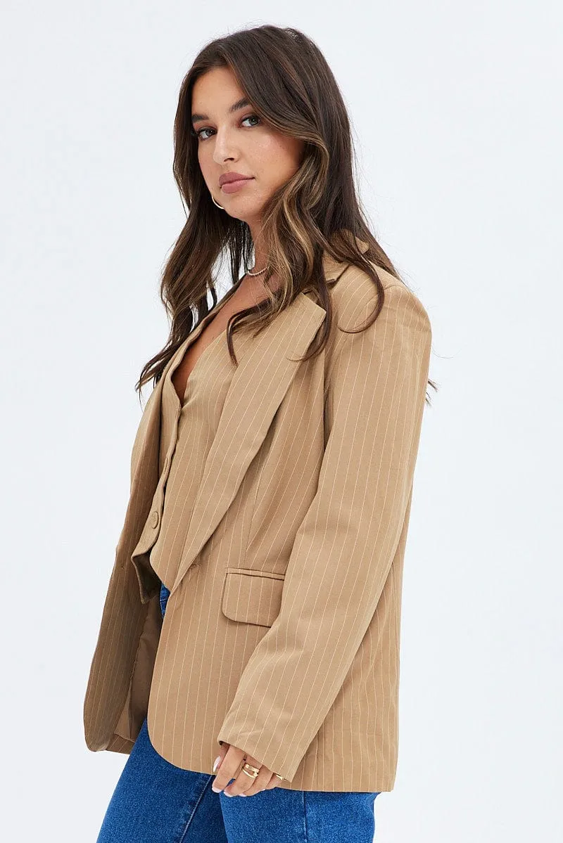 Beige Blazer Long Sleeve Tailored Single Breasted