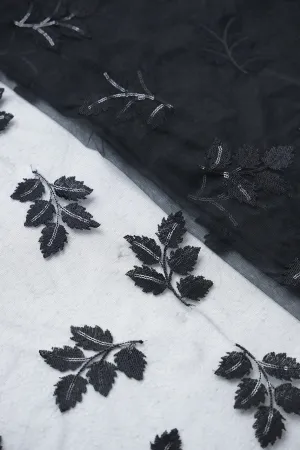Black Thread With Sequins Leafy Embroidery Work On Black Soft Net Fabric
