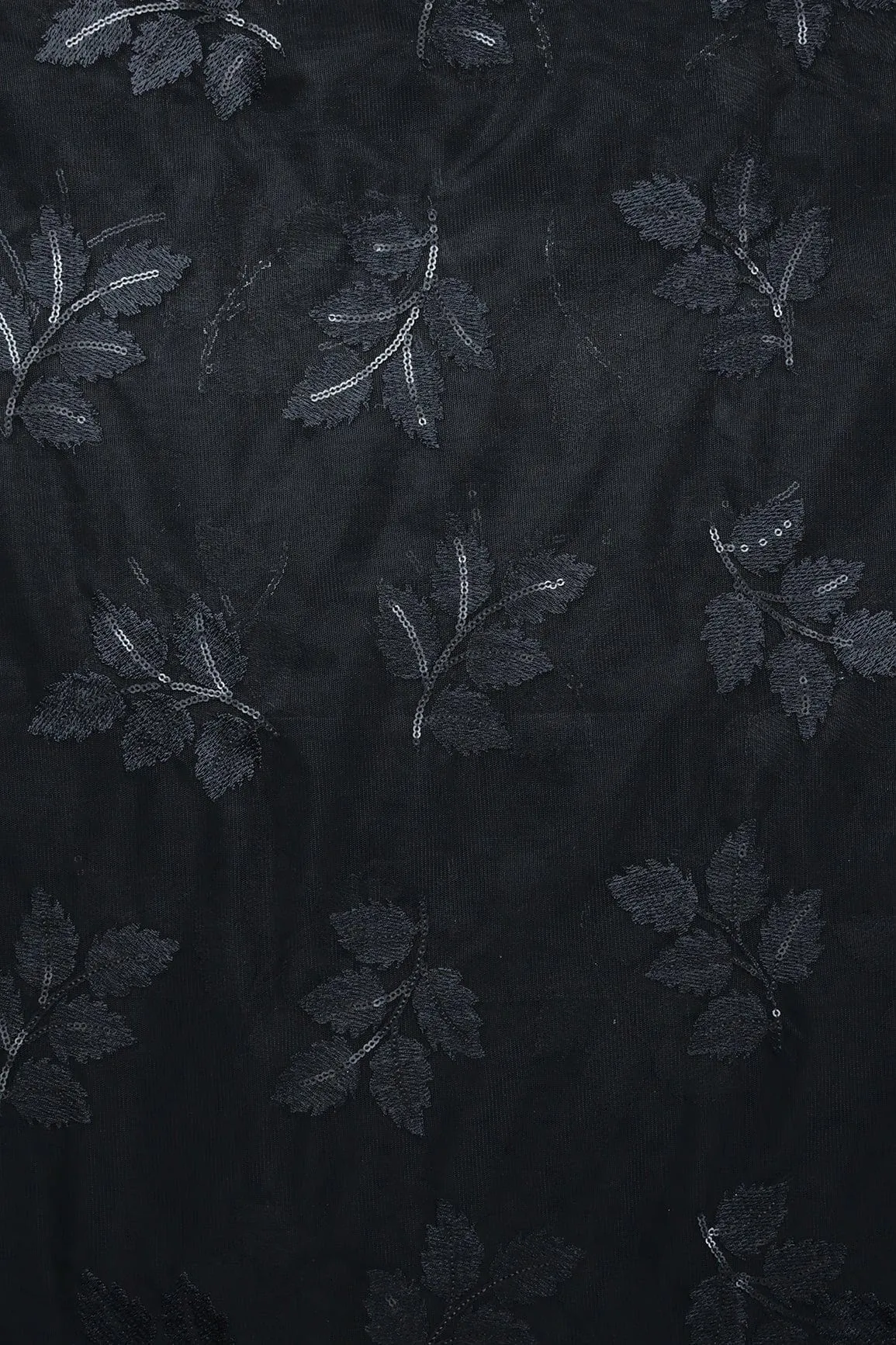 Black Thread With Sequins Leafy Embroidery Work On Black Soft Net Fabric