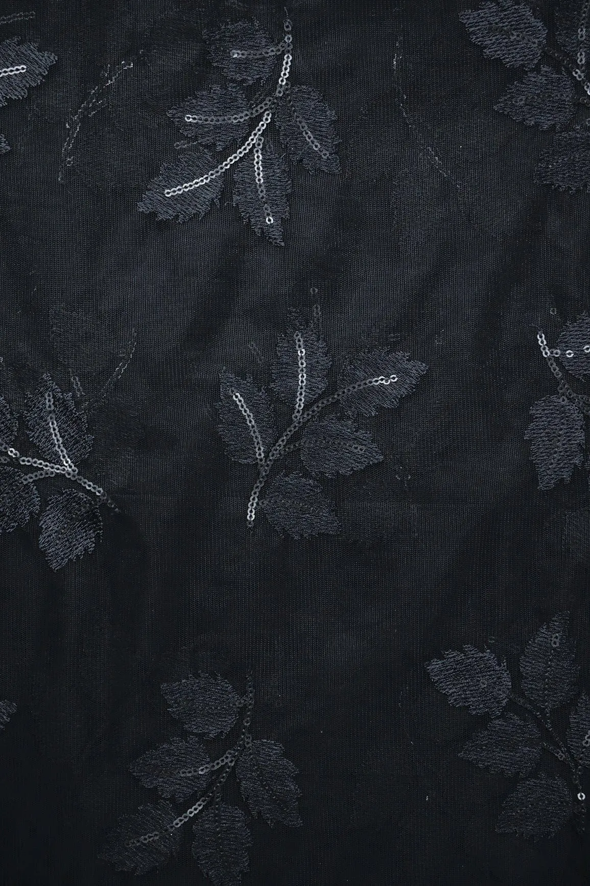 Black Thread With Sequins Leafy Embroidery Work On Black Soft Net Fabric