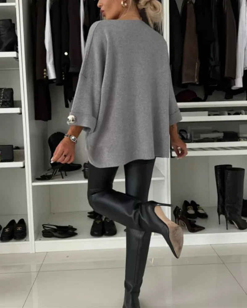 Fashion solid color round neck button pullover