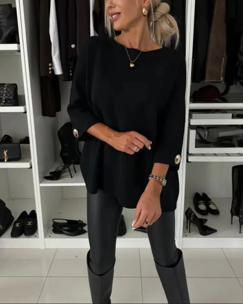 Fashion solid color round neck button pullover