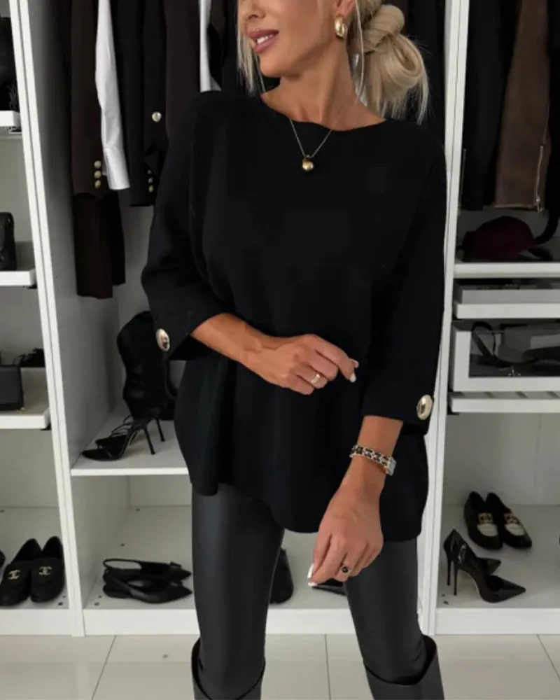 Fashion solid color round neck button pullover