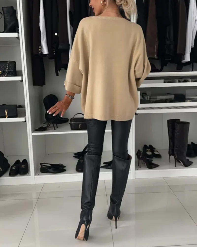 Fashion solid color round neck button pullover