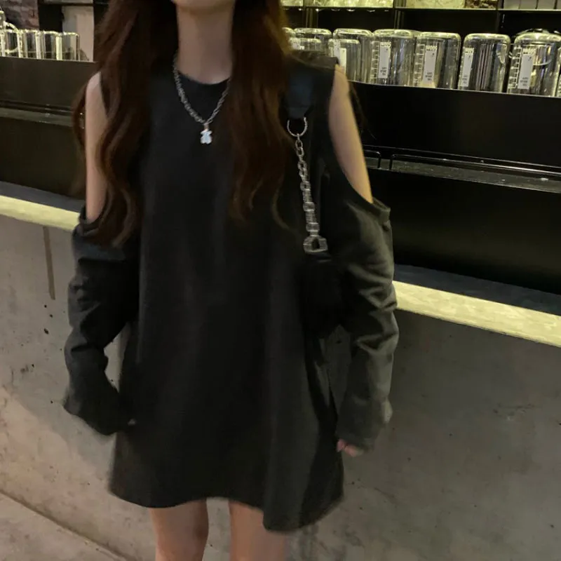 Fashionkova  Korean Style Solid Hoodie Women Streetwear Grey Hollow Out Open Shoulder Pullovers O-Neck Goth Punk Sweatshirts Female