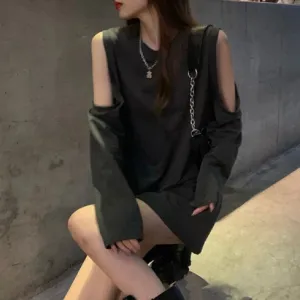 Fashionkova  Korean Style Solid Hoodie Women Streetwear Grey Hollow Out Open Shoulder Pullovers O-Neck Goth Punk Sweatshirts Female