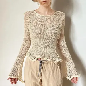 Girlary Pierced women crop tops fit into Y2K fashion with sexy long sleeved street wear through knitted smock pullovers 2024