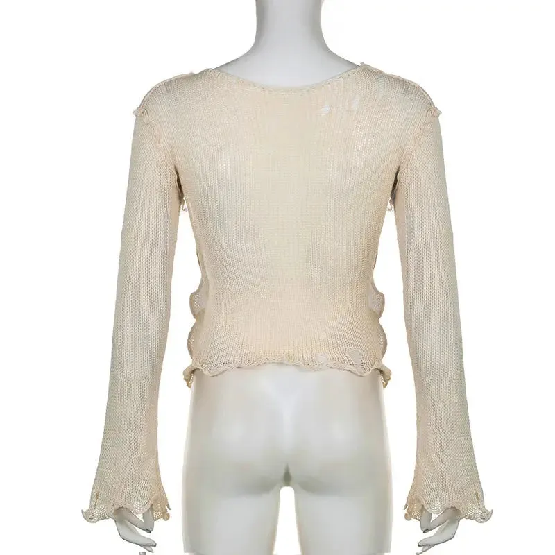 Girlary Pierced women crop tops fit into Y2K fashion with sexy long sleeved street wear through knitted smock pullovers 2024