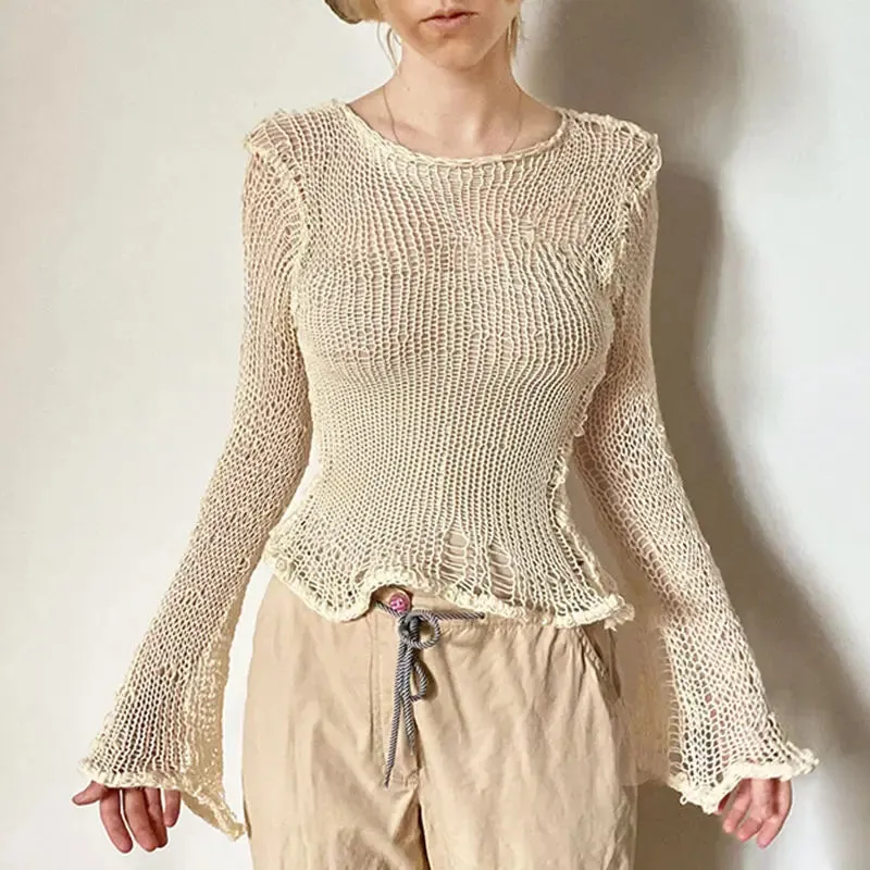 Girlary Pierced women crop tops fit into Y2K fashion with sexy long sleeved street wear through knitted smock pullovers 2024