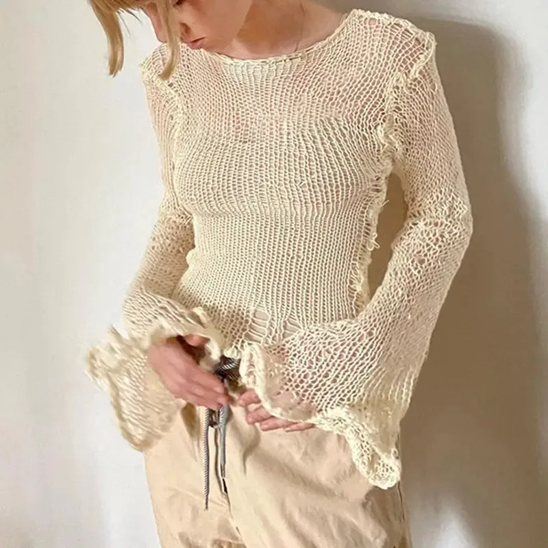 Girlary Pierced women crop tops fit into Y2K fashion with sexy long sleeved street wear through knitted smock pullovers 2024