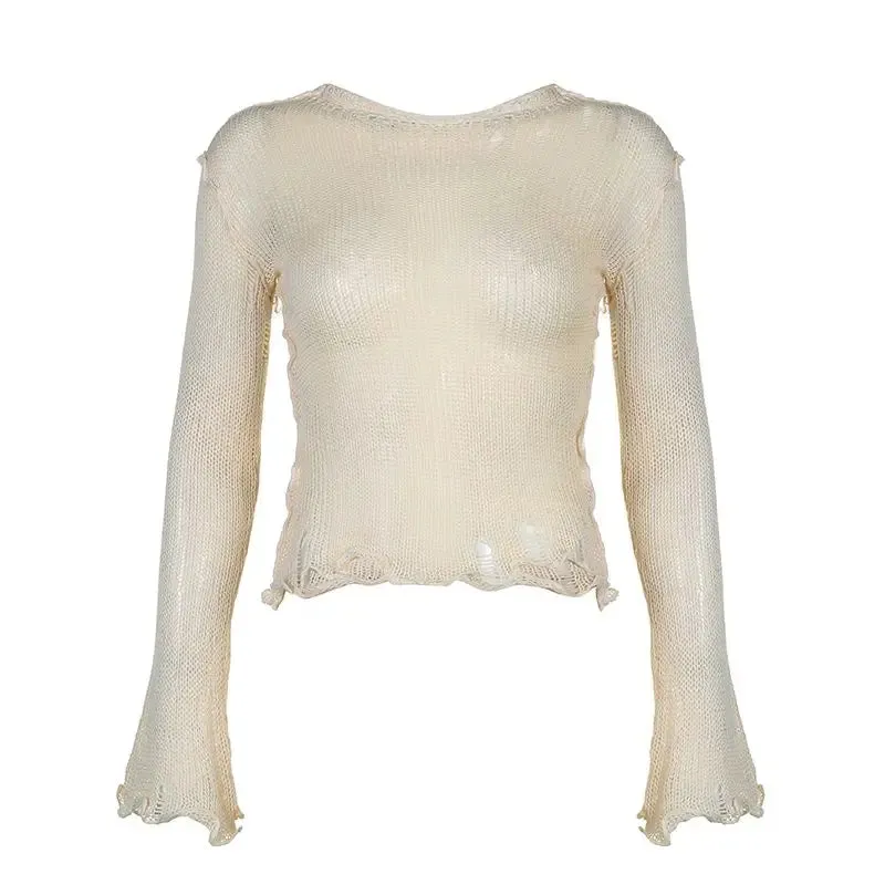 Girlary Pierced women crop tops fit into Y2K fashion with sexy long sleeved street wear through knitted smock pullovers 2024