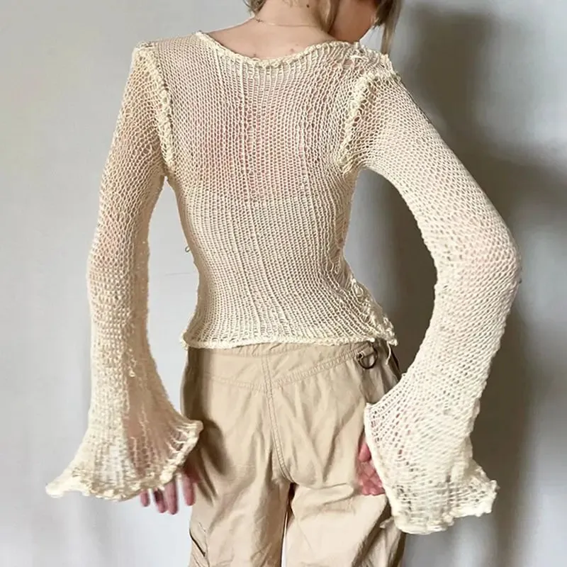Girlary Pierced women crop tops fit into Y2K fashion with sexy long sleeved street wear through knitted smock pullovers 2024
