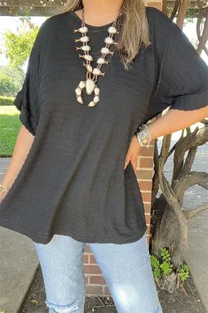GJQ15716 Short sleeve/folded trim dots line black loose knitted soft fabric women tops/blouse