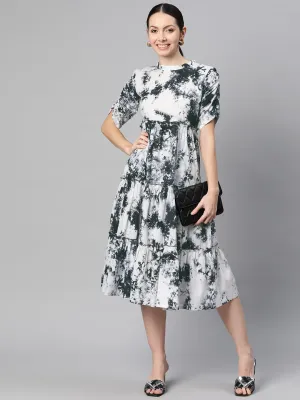 Indibelle Cotton White Tie-Dye Print Dress (Black)