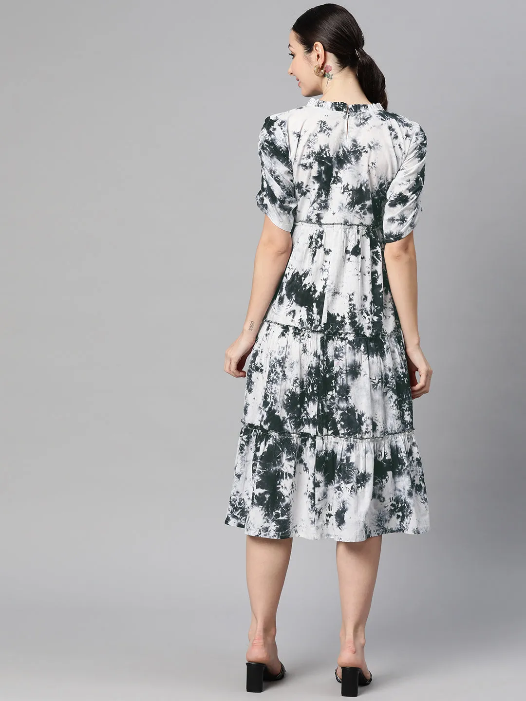 Indibelle Cotton White Tie-Dye Print Dress (Black)