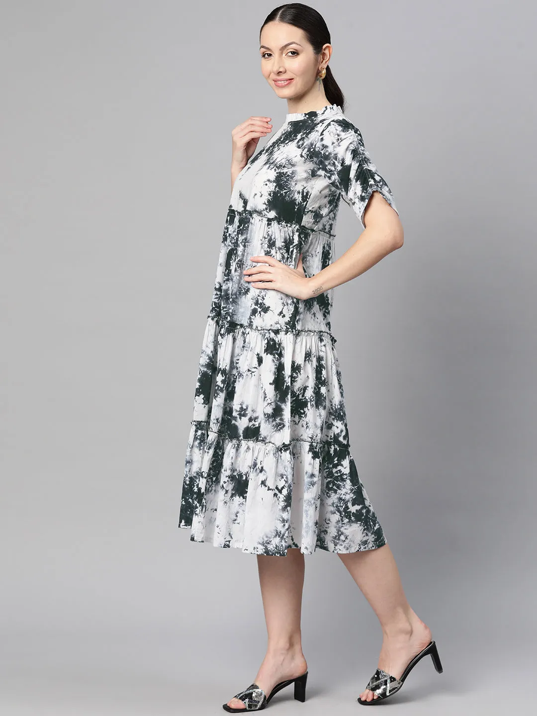 Indibelle Cotton White Tie-Dye Print Dress (Black)