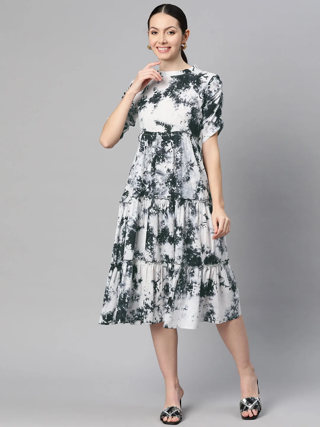 Indibelle Cotton White Tie-Dye Print Dress (Black)