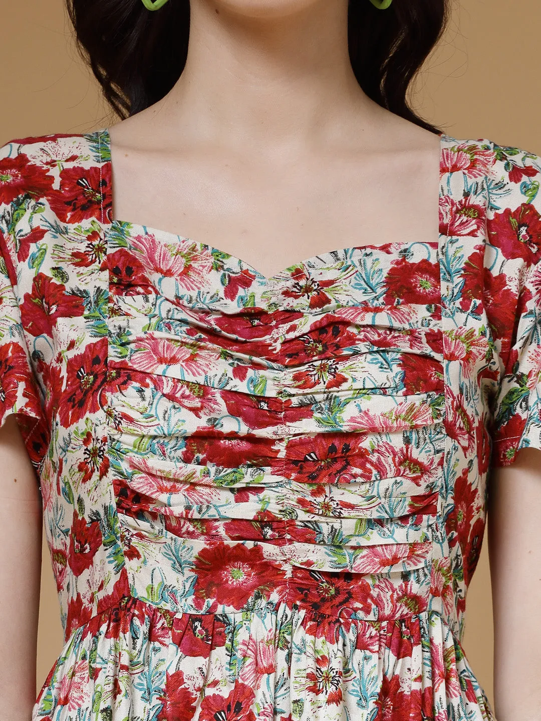 Indibelle Floral Print Rayon Dress (Red)