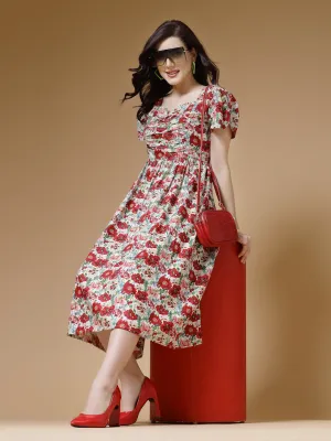 Indibelle Floral Print Rayon Dress (Red)