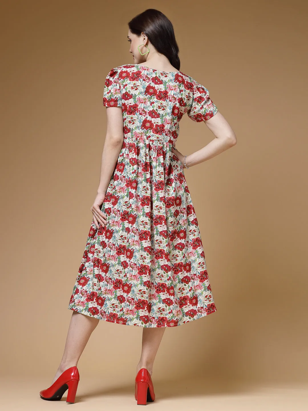 Indibelle Floral Print Rayon Dress (Red)