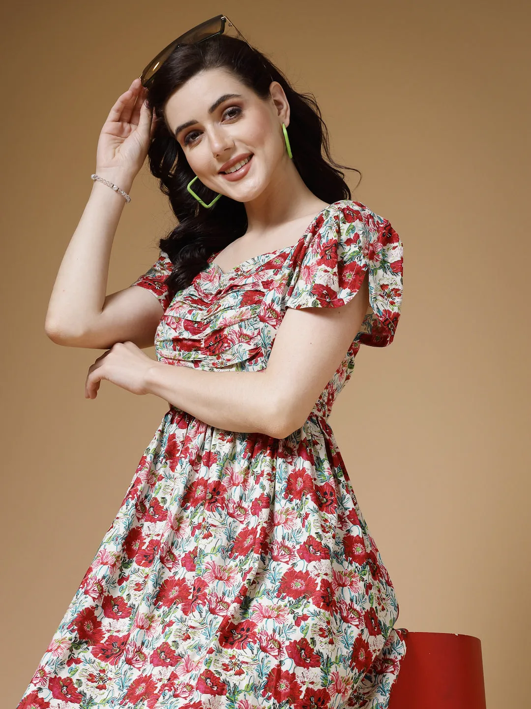 Indibelle Floral Print Rayon Dress (Red)