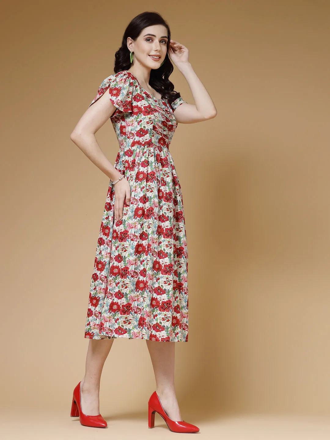 Indibelle Floral Print Rayon Dress (Red)