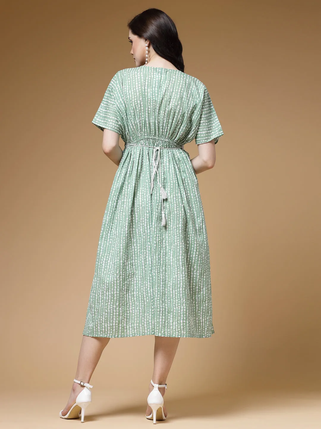 Indibelle Stripe Print Cotton Belted Flared Dress (Green)