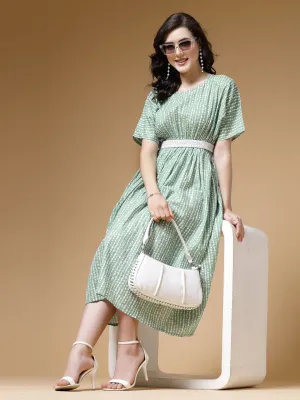 Indibelle Stripe Print Cotton Belted Flared Dress (Green)