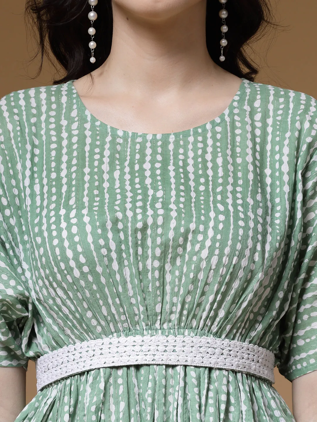 Indibelle Stripe Print Cotton Belted Flared Dress (Green)