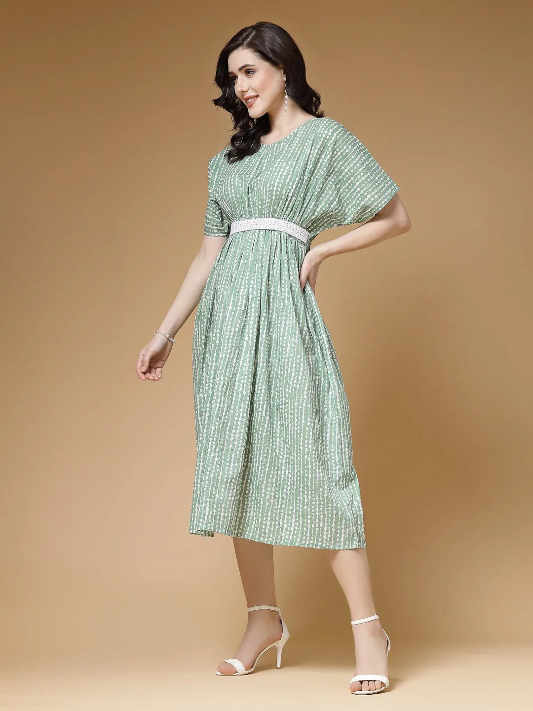 Indibelle Stripe Print Cotton Belted Flared Dress (Green)