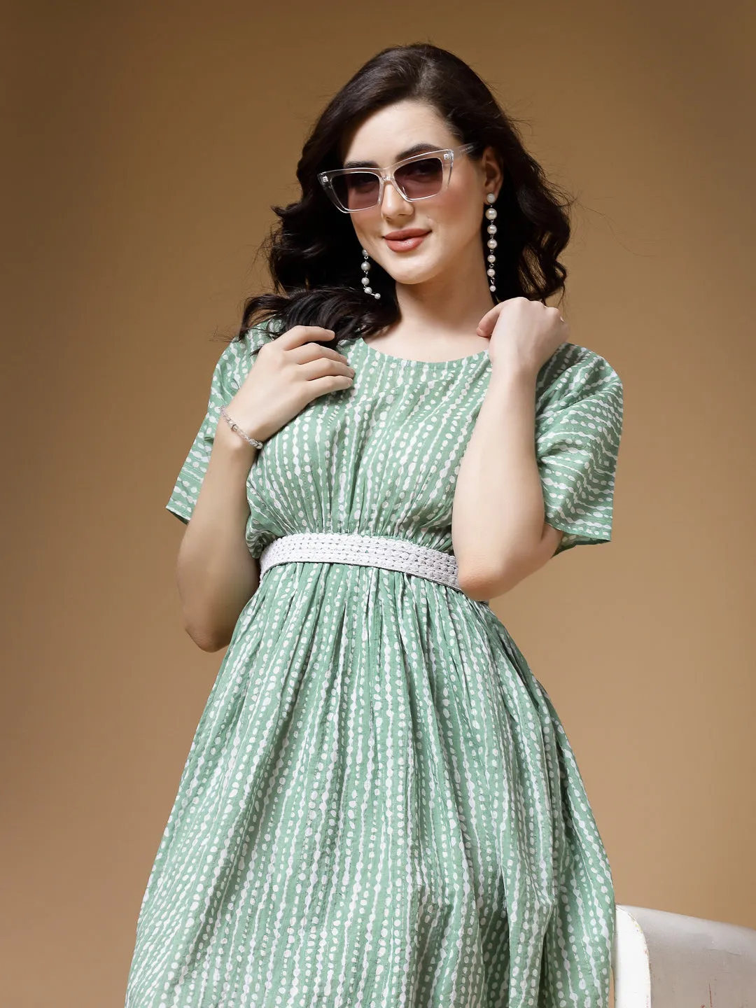 Indibelle Stripe Print Cotton Belted Flared Dress (Green)
