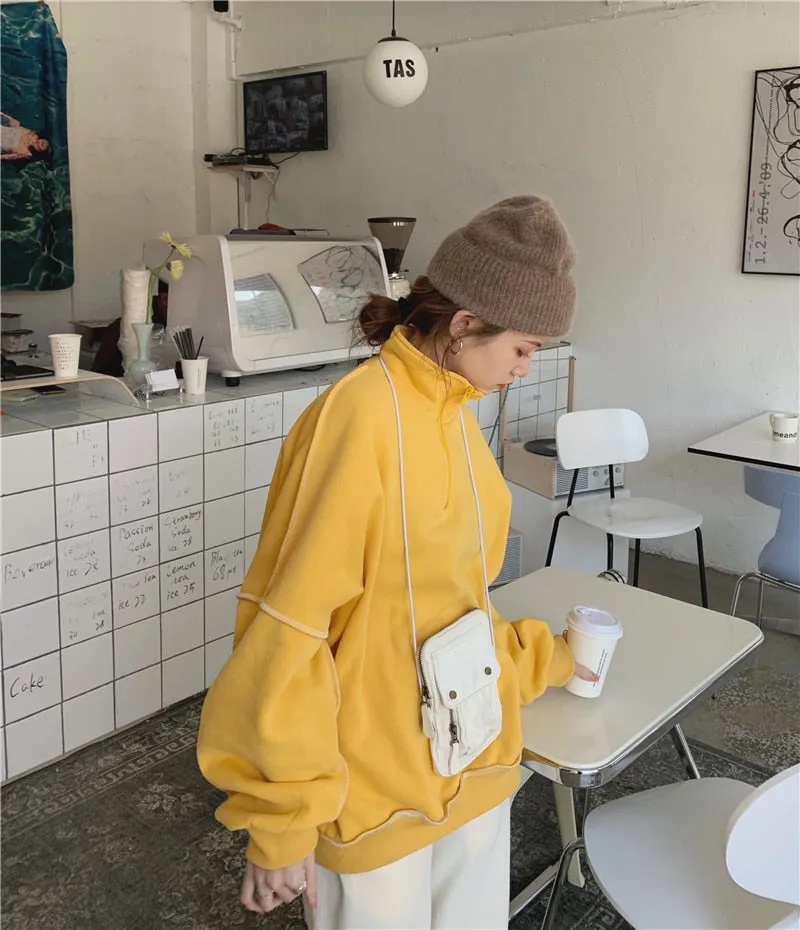 Joskaa Christmas Gift Nomikuma Stand Color Pullover Sweatshirt Women Bright Line Casual Long Sleeve Sweatshirt Loose Lazy Tops Jackets High Street