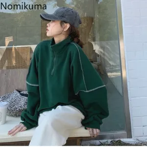 Joskaa Christmas Gift Nomikuma Stand Color Pullover Sweatshirt Women Bright Line Casual Long Sleeve Sweatshirt Loose Lazy Tops Jackets High Street