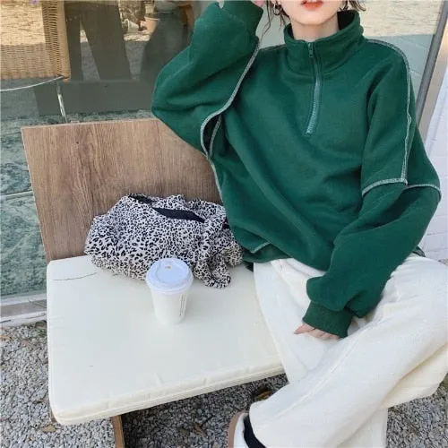 Joskaa Christmas Gift Nomikuma Stand Color Pullover Sweatshirt Women Bright Line Casual Long Sleeve Sweatshirt Loose Lazy Tops Jackets High Street