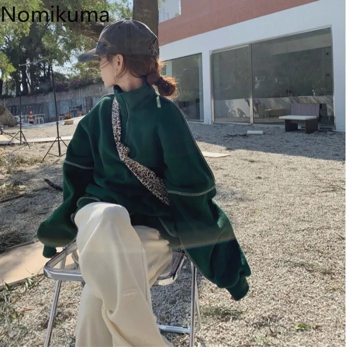 Joskaa Christmas Gift Nomikuma Stand Color Pullover Sweatshirt Women Bright Line Casual Long Sleeve Sweatshirt Loose Lazy Tops Jackets High Street