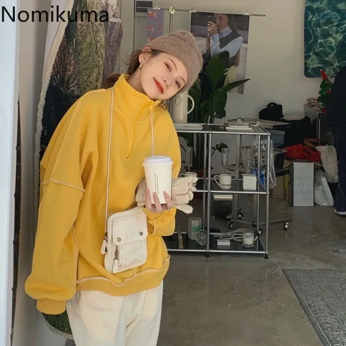 Joskaa Christmas Gift Nomikuma Stand Color Pullover Sweatshirt Women Bright Line Casual Long Sleeve Sweatshirt Loose Lazy Tops Jackets High Street
