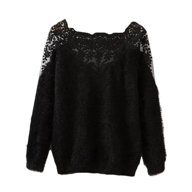 Lace Insert Boat Neck Long Sleeve Sweater