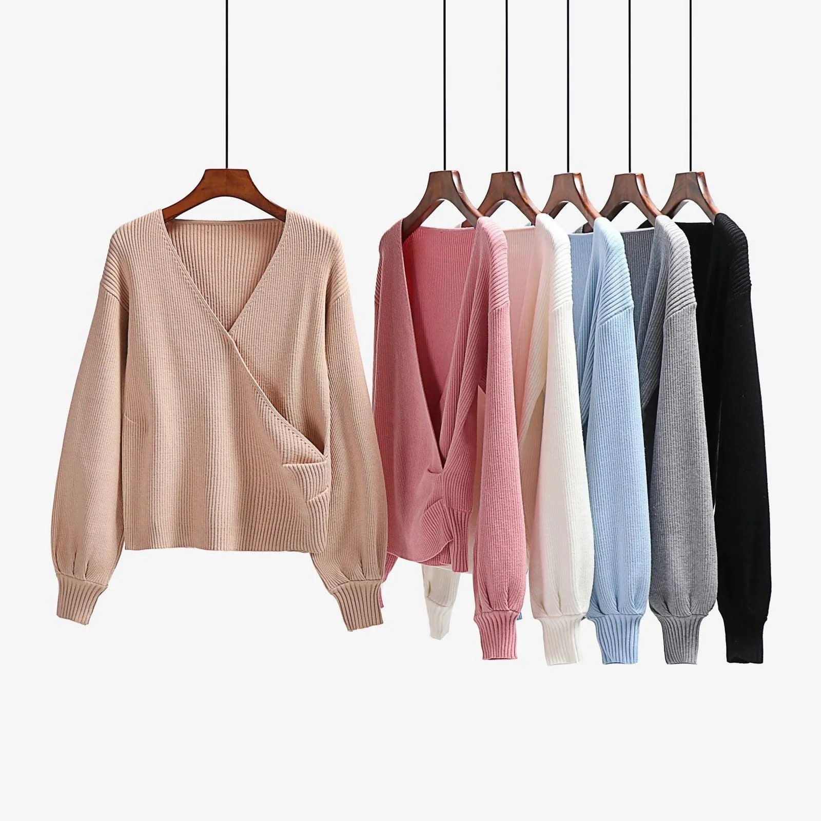 Lantern Sleeve Knitted V Neck Pullovers Jumper