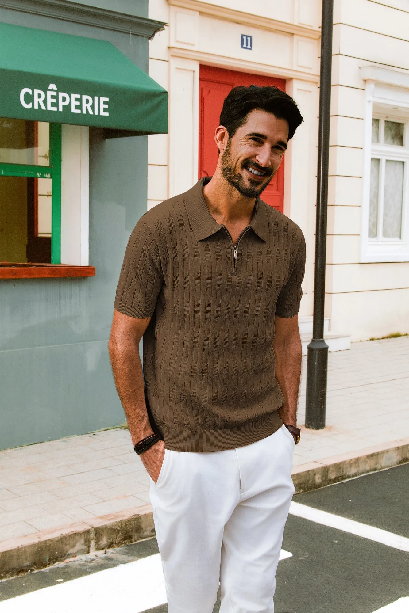 Men Textured Knitted Polo-Shirt Short Sleeve Lapel Collar Zip-up Neck Tops