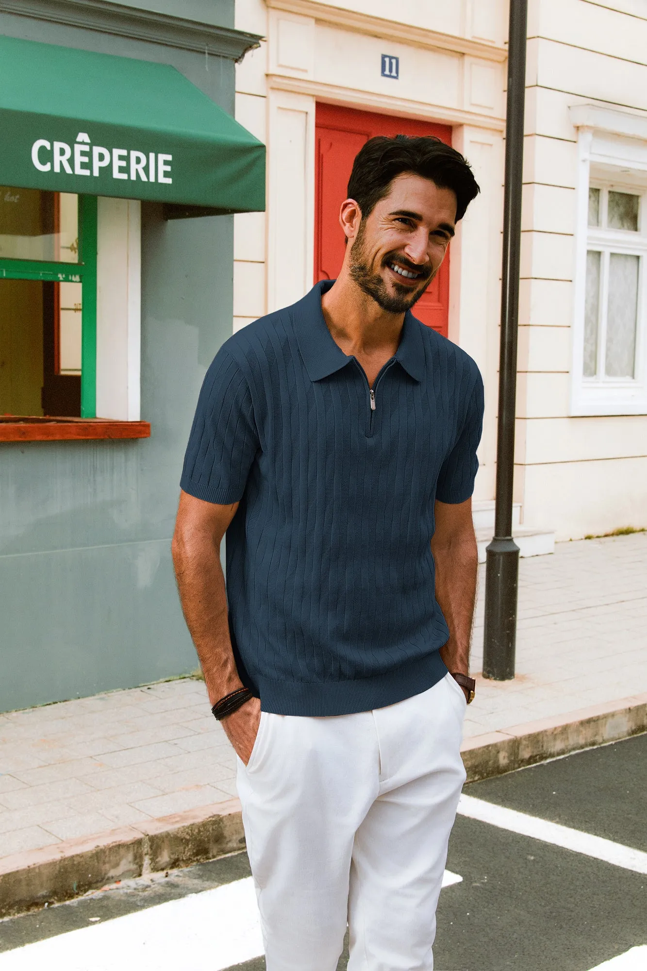 Men Textured Knitted Polo-Shirt Short Sleeve Lapel Collar Zip-up Neck Tops